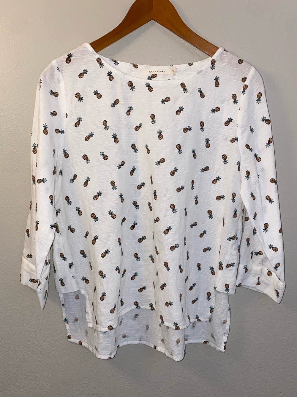 Ellison White Slub Linen Cotton Pineapple Print Blouse Shirt Medium